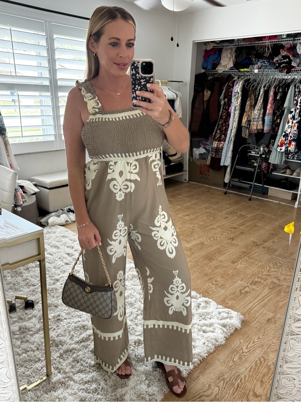 Taupe Smocked Wide-Leg Jumpsuit